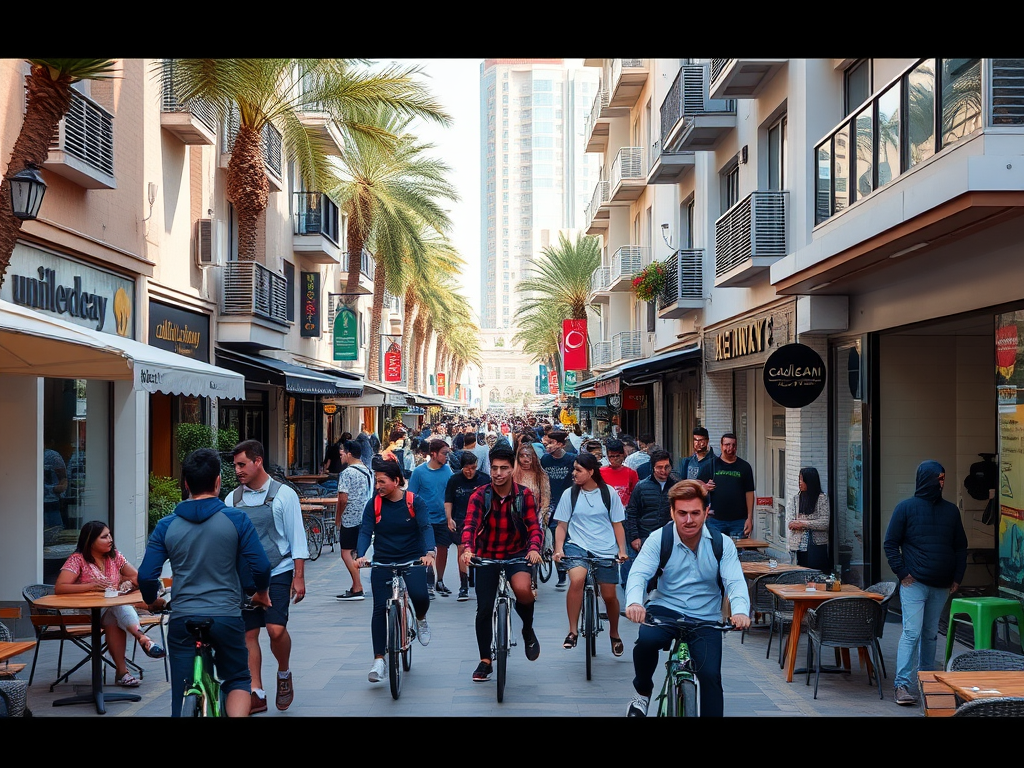 A busy street scene with people walking and biking, lined with shops and palm trees under a clear sky.