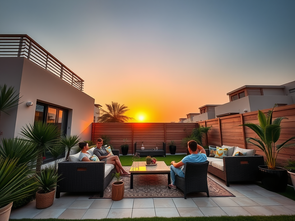 A couple relaxes on a patio at sunset, surrounded by plants and comfortable furniture. The sky glows orange.