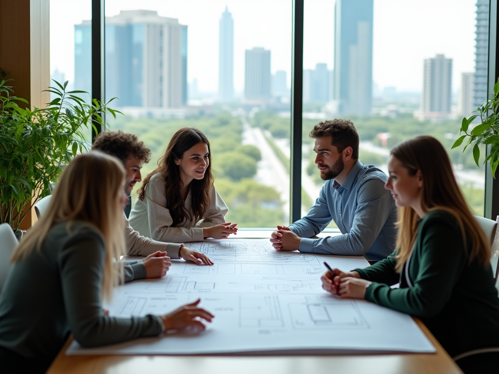 Five professionals discussing over architectural plans in a well-lit office with cityscape views.