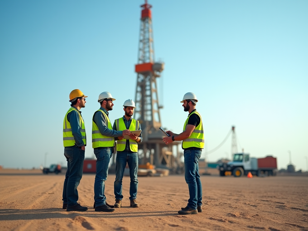 Four engineers in hard hats and reflective vests discuss work at an oil rig site.