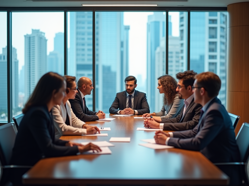 Business professionals in a meeting at a conference table with cityscape in the background.