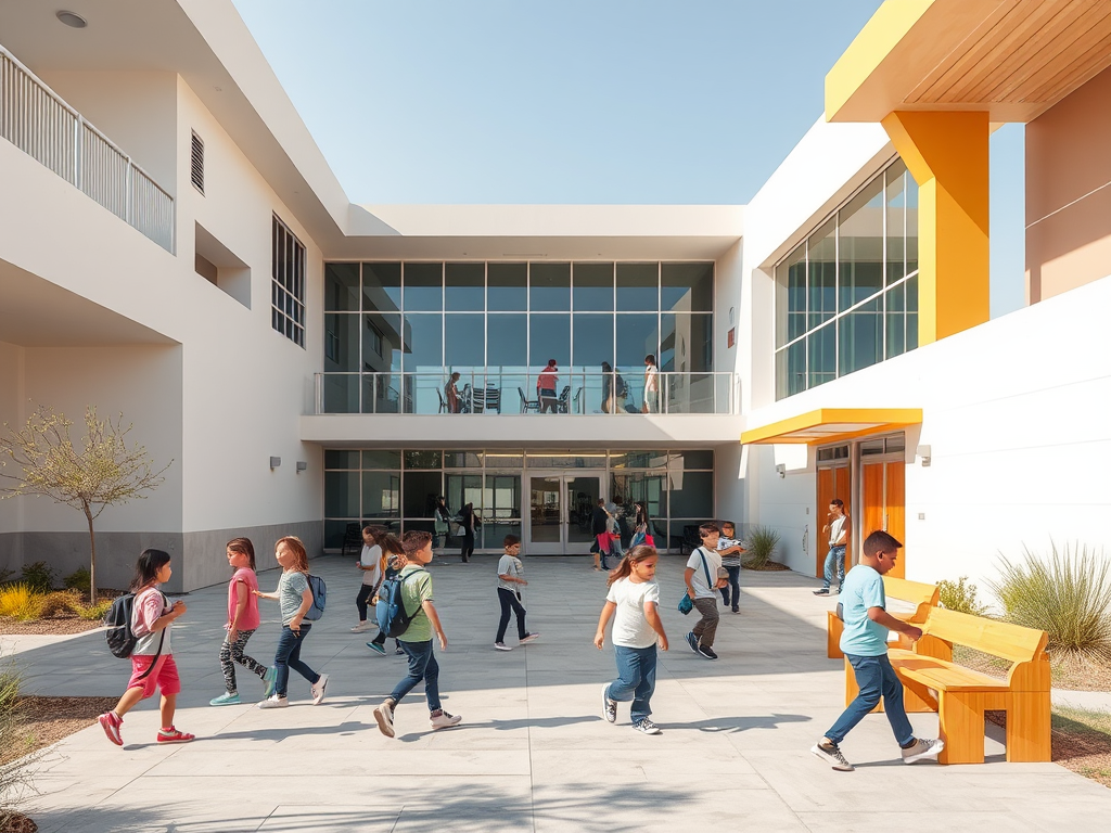 Children are walking in a vibrant school courtyard, with modern architecture and a sunny sky in the background.