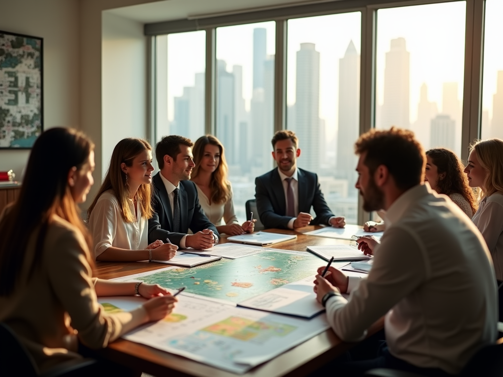 Group of professionals engaged in a meeting around a table in a high-rise office with a cityscape view.