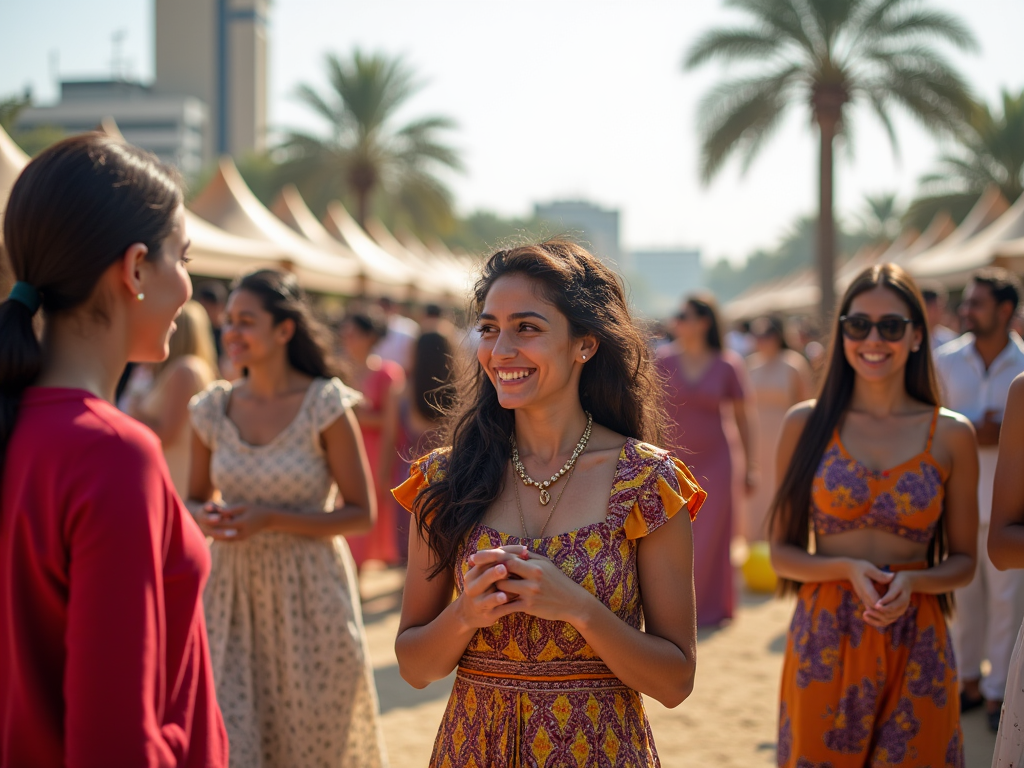 Smiling woman in a yellow dress talking with a friend at a sunny outdoor event, surrounded by people.