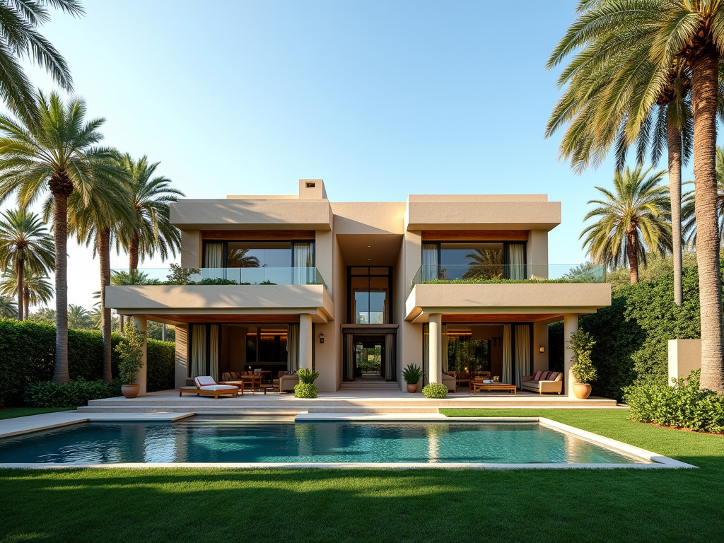 Modern house with large pool, surrounded by palm trees under a clear sky.