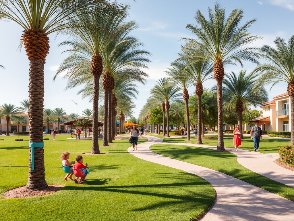 A sunny park with palm trees, families walking, and children playing on the grass along a winding pathway.